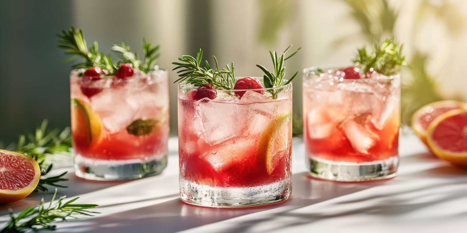 Refreshing cocktails with herbs and fruit garnishes served in elegant glasses during a sunny afternoon
